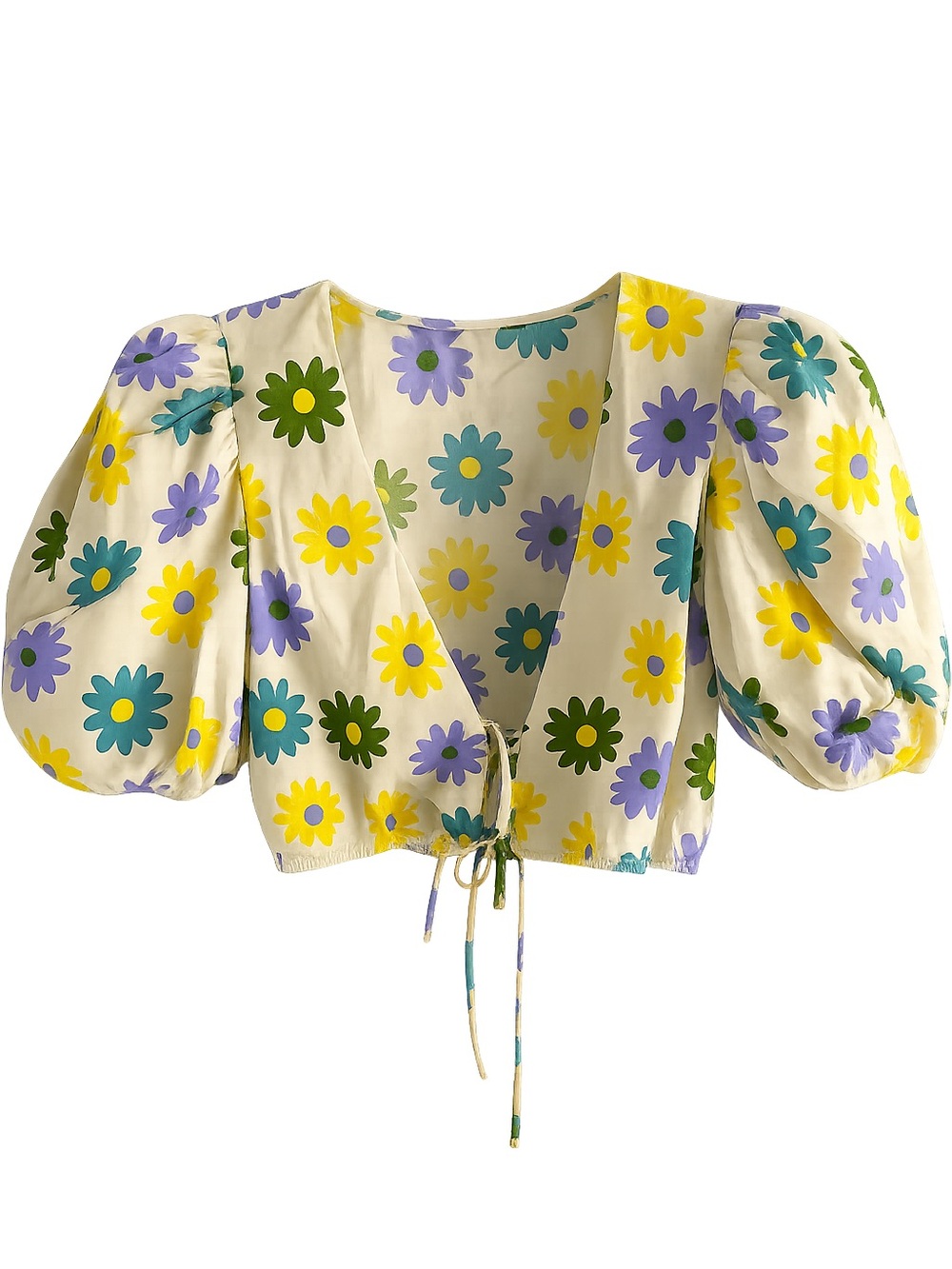 ZARA Floral Yellow Print Tie-Front Puff Sleeve Cropped Cotton Blouse - Size M